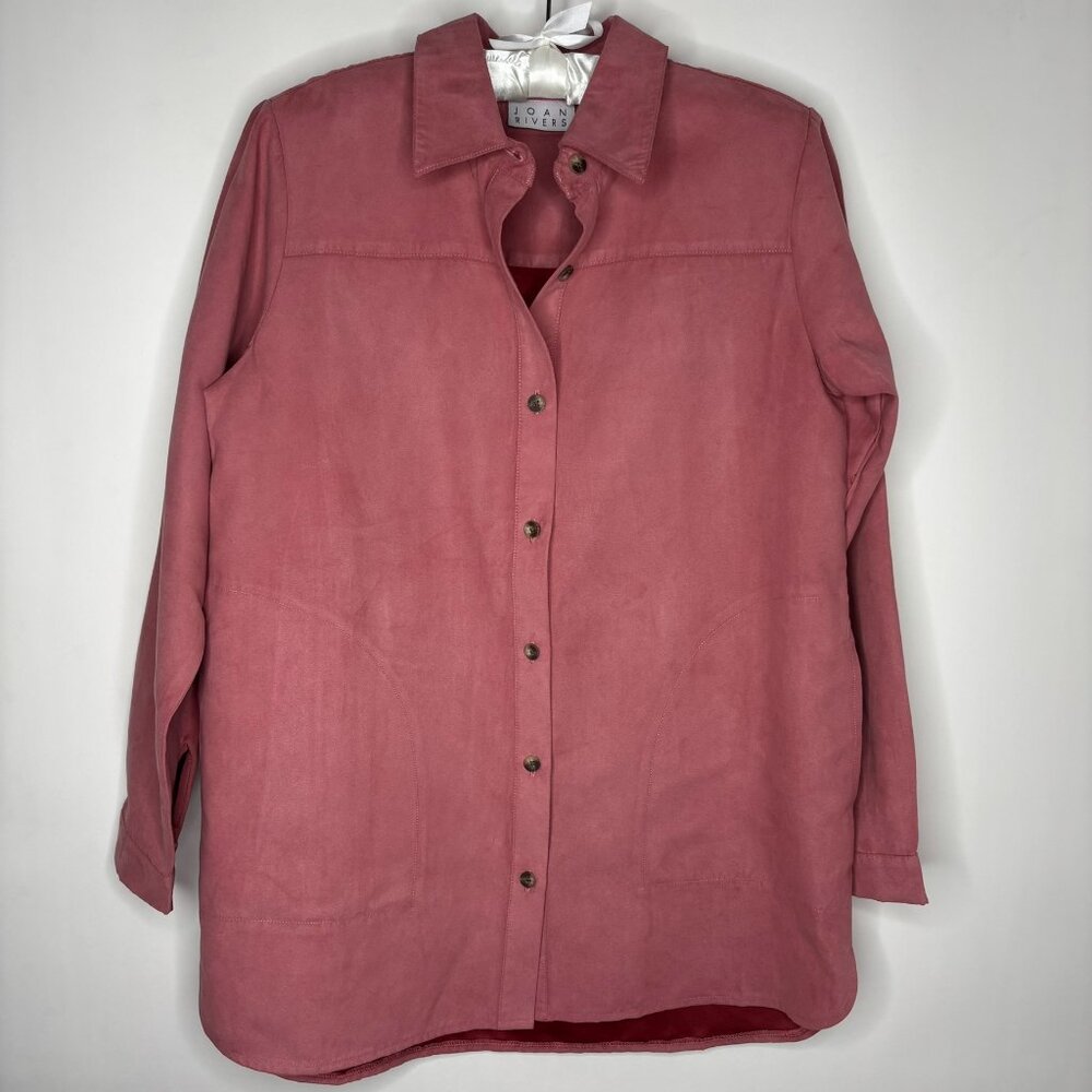 Joan Rivers Button Up Collared Blouse Top Pink Microsuede Long Sleeve Women's XS